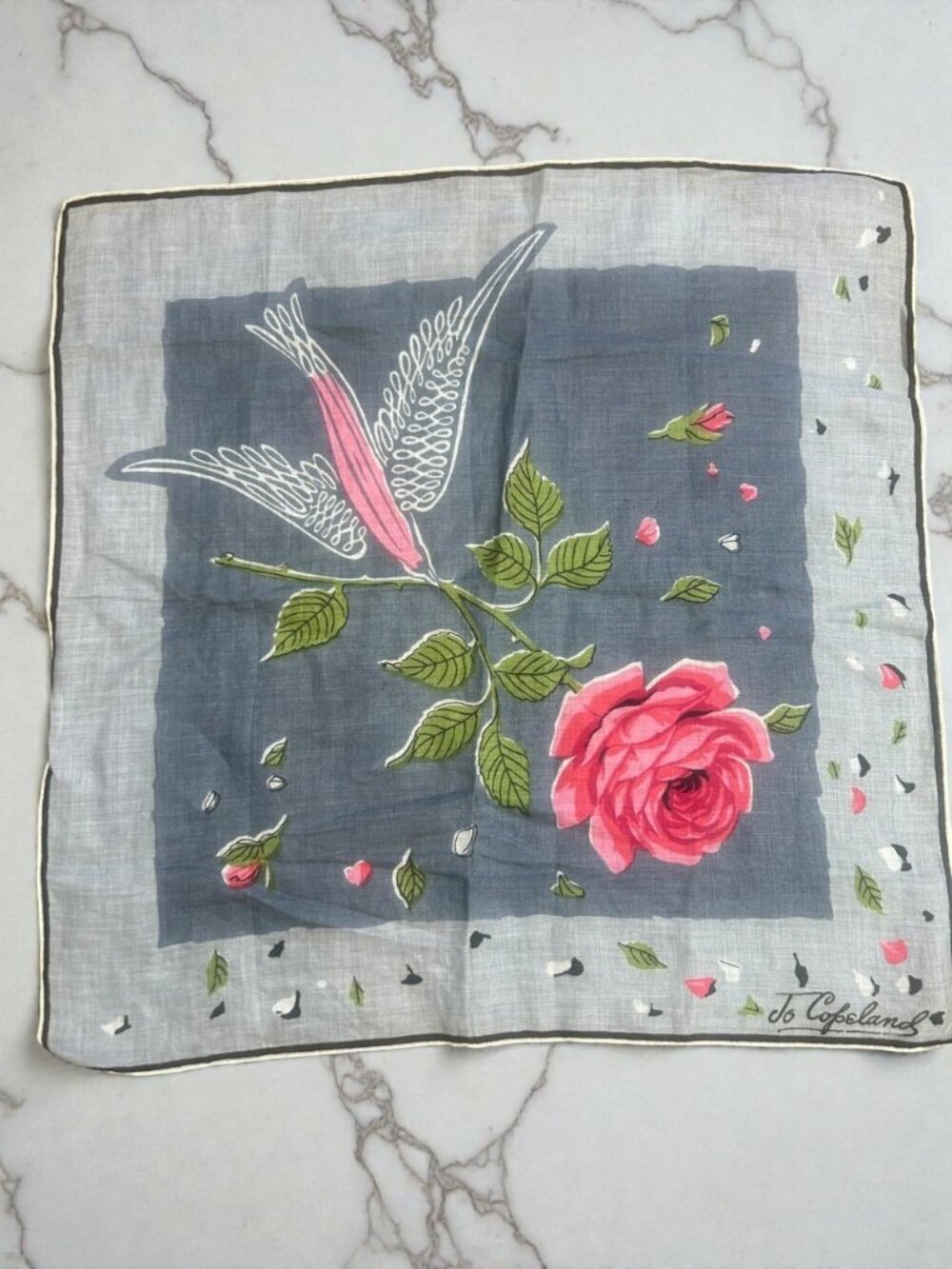 Vintage 50s Jo Copeland Handkerchief Rose Floral Bird 15" Square
